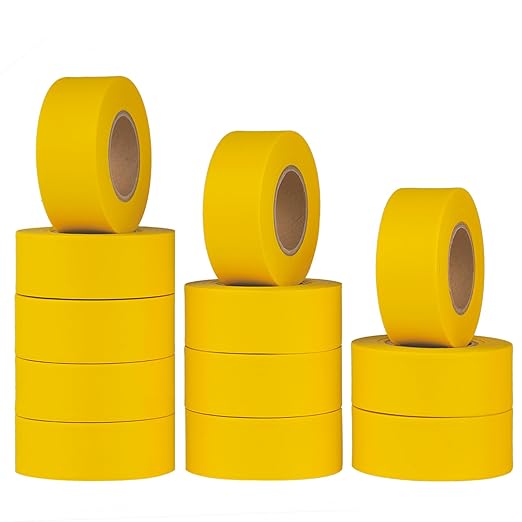 Yellow Flagging Tape 12 Rolls - Non-Adhesive Neon Marking Surveyors Caution Tape, 1-3/16 in. x 150 ft,3.35 Mil Thick