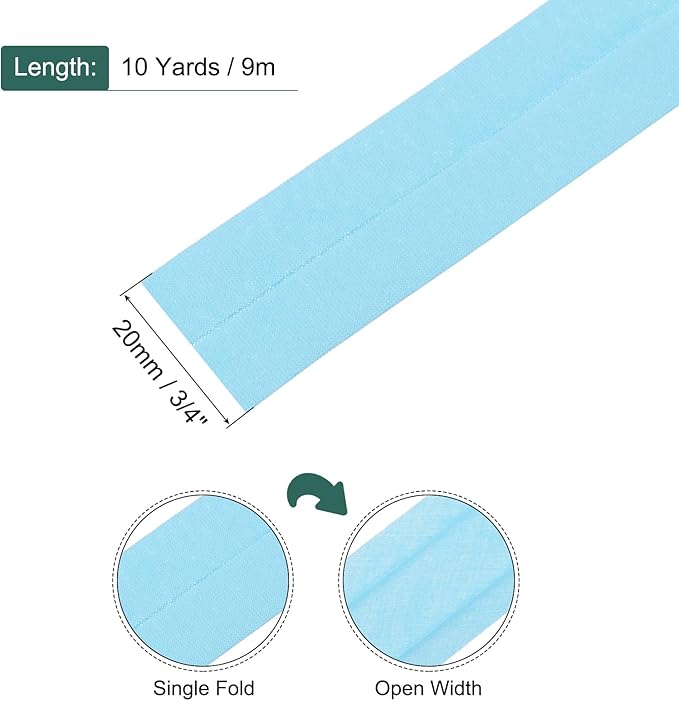 MECCANIXITY 3/4 Inch Single Fold Bias Tape Cotton Continuous Bulk Bias Tape for Sewing, Seaming Quilting Hemming Binding Crafts (Light Blue 25 Yards)