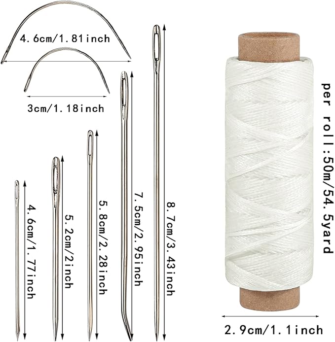 55Yards Waxed Thread with 7 Pcs Leather Hand Sewing Needles - 150D Flat Waxed Thread for Leather Repair, Upholstery, Canvas Bags, Sofa Furniture (White)