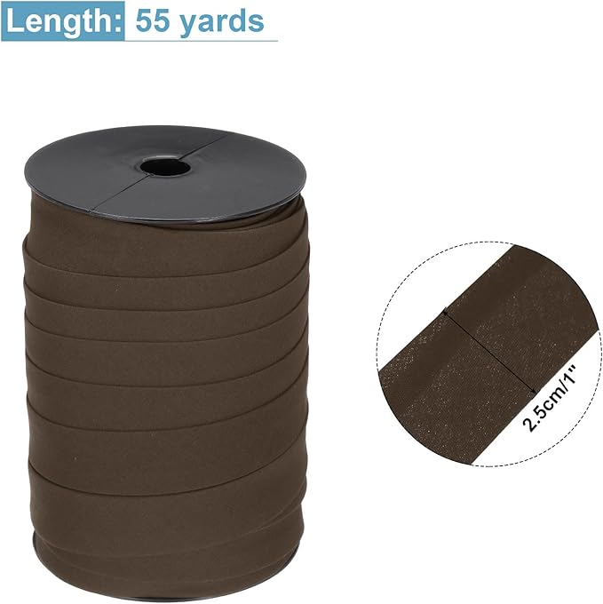 MECCANIXITY 1 Inch Double Fold Bias Tape Polyester Continuous Bulk Bias Tape for Sewing,Seaming Quilting Hemming Binding Crafts (Dark Brown 55 Yards)
