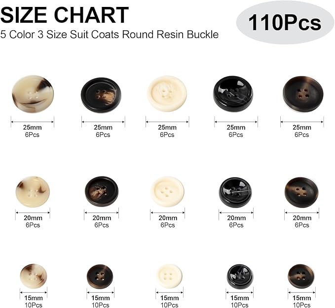 110Pcs Mixed Sewing Buttons, 4-Hole Craft Round Blazer Buttons, 5 Color 3 Size (15mm, 20mm, 25mm) Suit Coats Resin Button, Suitable for Variety Clothing Sewing, DIY Craft (Black & White)