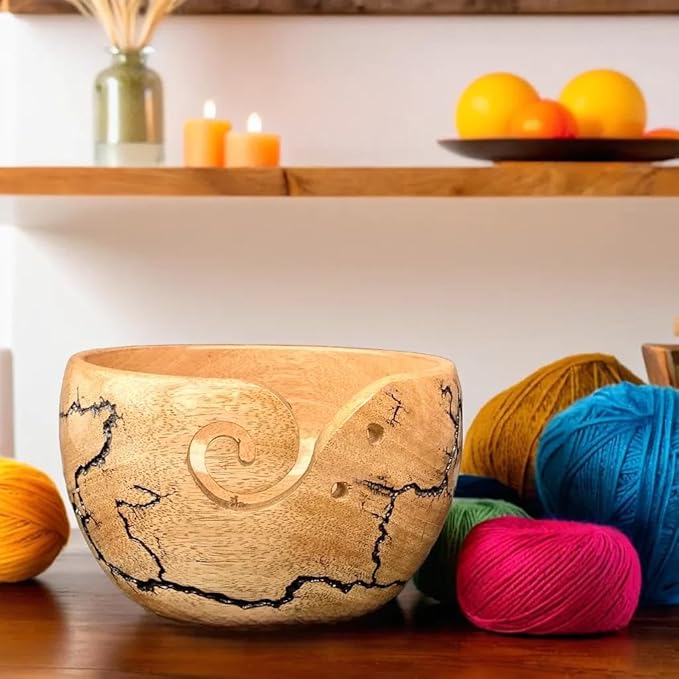 Prime Art Wooden Yarn Bowl for Crochet and Knitting - Large Bowl (Black)
