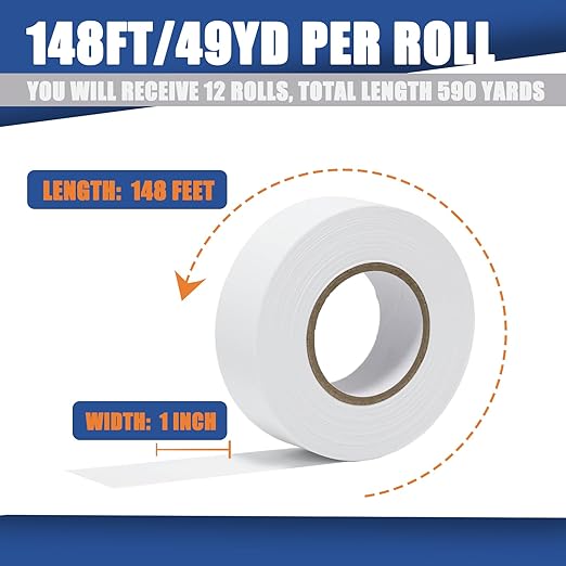 12 Pack White Flagging Tape, Non Adhesive Surveyors Tape, Neon Tree Marking Ribbon, Great Visual Labeling for Boundaries and Hazardous Areas Marking, 1 in. x 150 ft