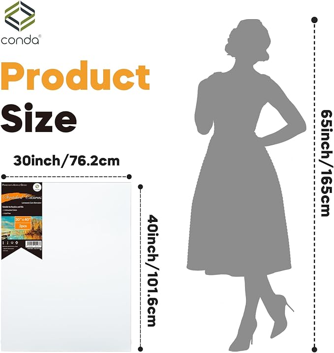 CONDA Large Stretched Canvas for Painting, 30x40 Inch 2 Pack Big Canvas, 100% Cotton, Primed Acid-Free, White Blank Stretched Canvas Boards Art Supplies for Acrylics, Oils Painting
