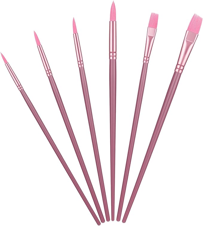 6 Pcs Nylon Hair Brushes for Paint by Number, Acrylic Paints Brush Set Watercolor Brush Oil Painting Round Flat Art Paint Brushes Kit for Beginners Adults with 2/4/6/8/10/¼ Sizes(Pink)