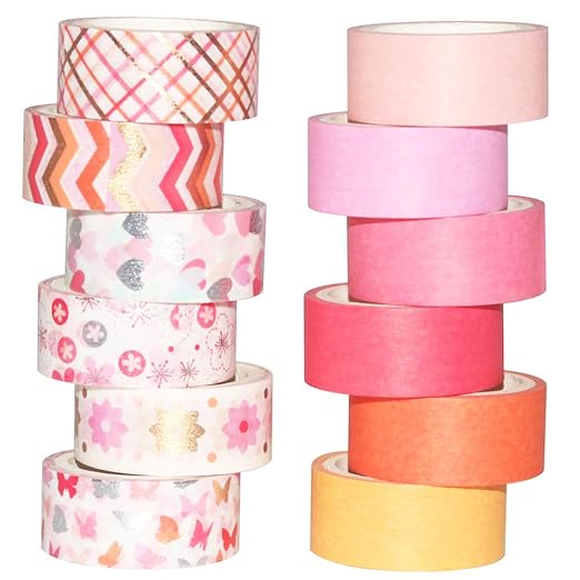 YUBBAEX 12 Rolls Pink Gold Washi Tape Set Masking Decorative Tapes (Pink Mix)
