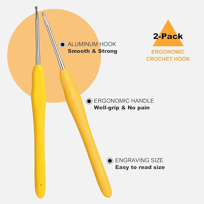 2Pcs 2.75mm Crochet Hooks, Ergonomic Crochet Hook for Arthritis and Beginners, Extra Long, Smooth, Comfortable (Size C / 2.75mm)