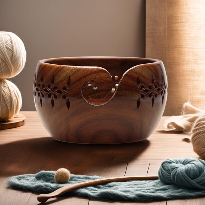 Wooden Large Yarn Bowl (7x4) – Yarn Holder for Crocheting & Knitting – Crochet Bowl with Carved Holes – Yarn Ball Storage Christmas Gift for Women