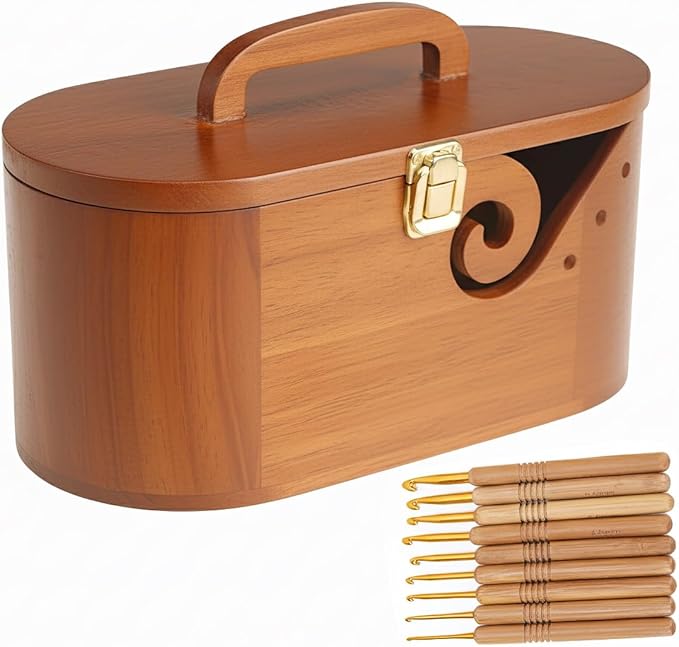 Portable Oval Wooden Yarn Bowl - with Lid, Lock & Handle, 9 Knitting Hooks Set, Perfect Organizer for Threads & Knitting Supplies