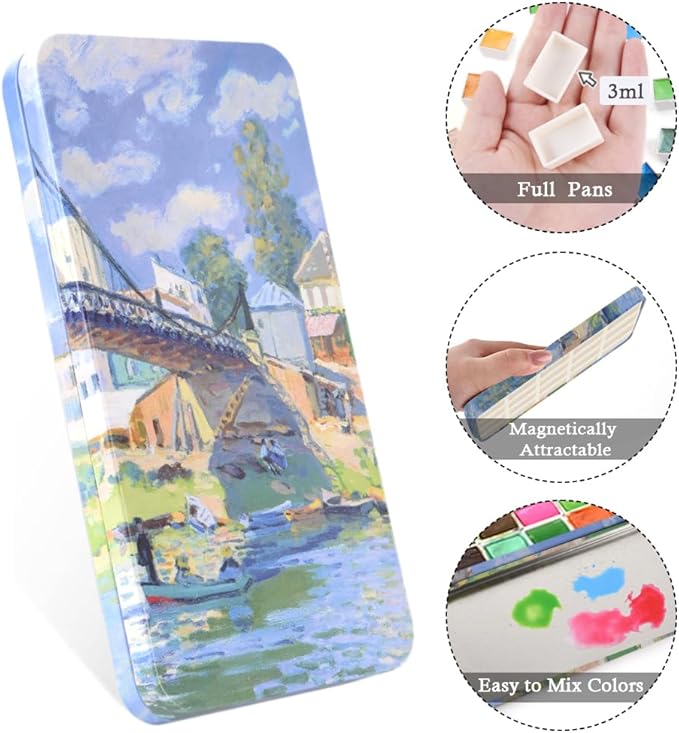 Portable Watercolor Paint Palette with Tins, Lightweight Empty Full Pans with Magnetic Squares, Metal Paint Tray Palettes for Travel, Acrylics Painting and Art, 20Full Pans,Bridge