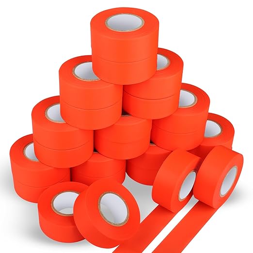 24 Pack Fluorescent Orange Flagging Tape, Non-Adhesive Plastic Ribbon Neon Marking Roll, 1.18 in. x 150 ft, Marking Tape for Hunting, Tree Marking, Trail Marking, Boundaries Hazardous Areas