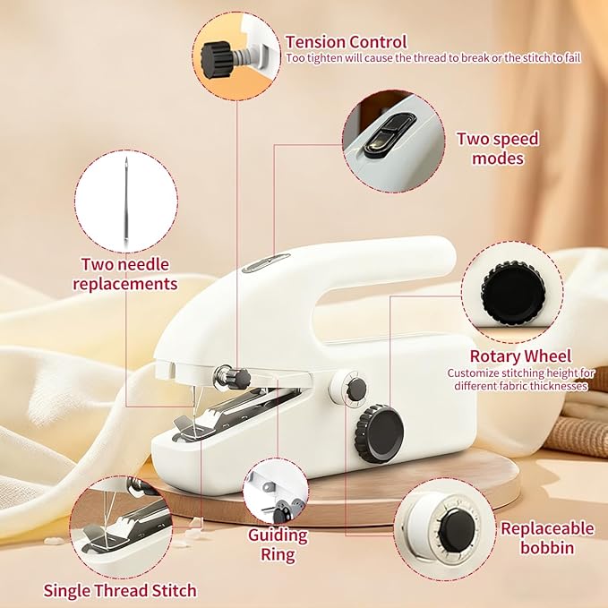Handheld Sewing Machine with 8 Pieces of New Year's Fabric & 21 Sewing Accessories, Mini Sewing Machine for Beginners, Perfect Sewing Tool for 2026 New Year DIY Gifts, Decor & Clothing Repairs