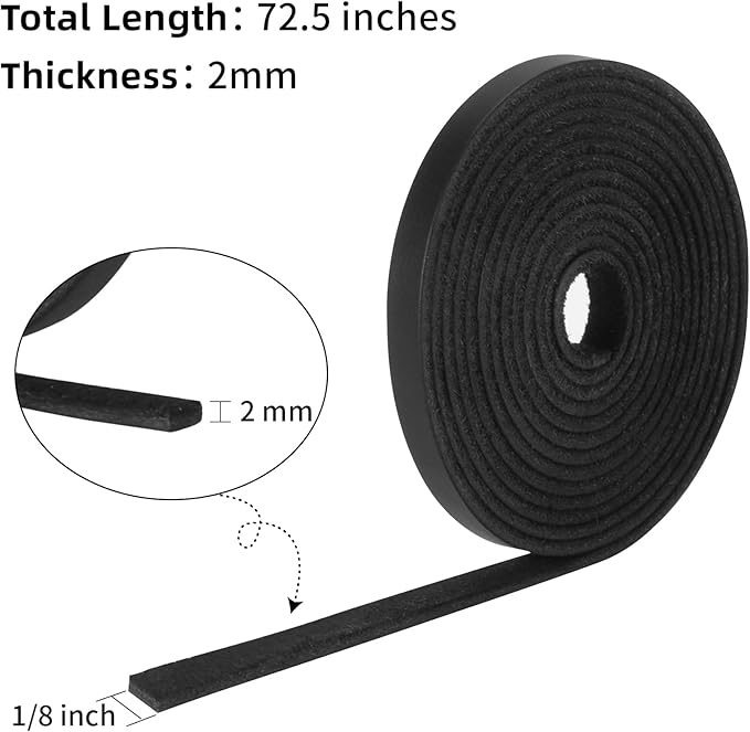Ringsun 1/8 Inch Wide Flat Leather Strips for Crafts, Leather Shoe Laces Boot Laces Full Grain Leather Straps Cord String for Crafts, Tooling (2mm Thick 72.5 Inches Long Black)