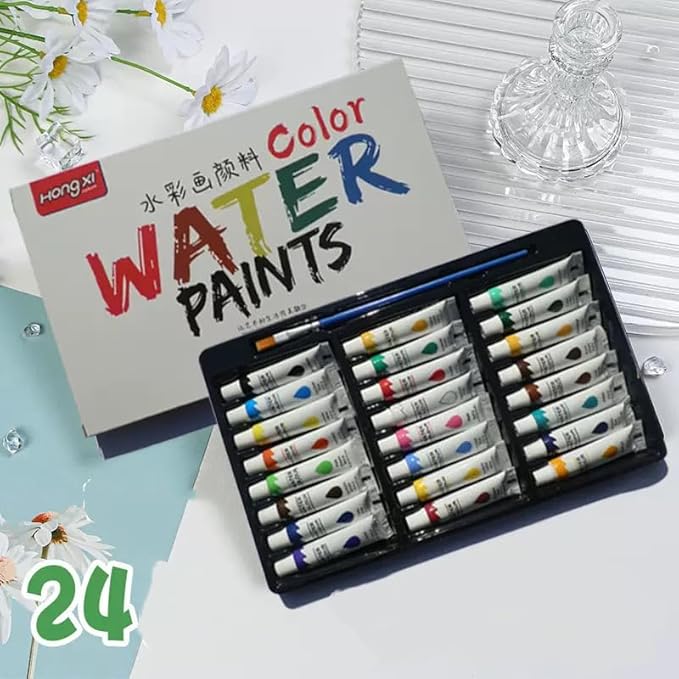 Mini Watercolor Paint Set, Mini Watercolor Travel Set with 1 Wooden 15-Grid Palette, 24 Colors Paint, 1 Sketch Books and 1 Brushes, Copper Clip and Sketchbook for Travel Painting