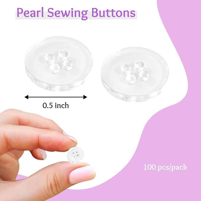 Pack of 100 Clear Buttons for Sewing 1/2" (13mm) 4 Hole Transparent Round Bulk Buttons 0.50 inch 20L Plastic Sewing Crafts Replacement Button for Dress Pants Shirt Skirt Blouse Decorative DIY Arts