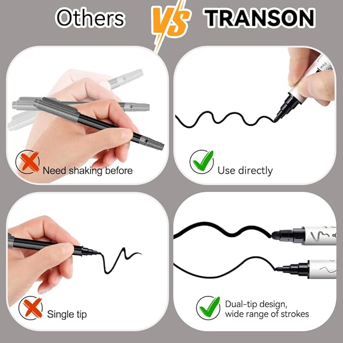 TRANSON 4 Black and 4 White Paint Markers Bold and Fine Dual-tip Acrylic Paint Marker Set for Rock Painting Glass Canvas Wood Leather Ceramic Painting