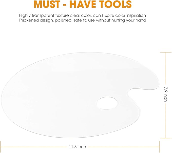Acrylic Paint Palette 2pcs 11.8 x 7.9 inches with Thumb Hole by DUGATO, Clear Oval-Shaped Non-Stick Acrylic Oil Paint Mixing Tray- Comfortable to Hold & Easy to Clean - for DIY Art Painting Plate