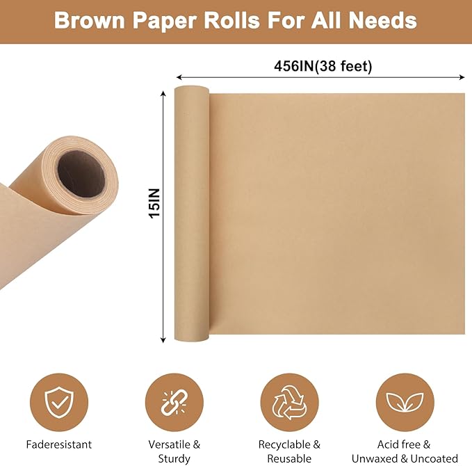 Moretoes 15" x 456"(38') Brown Wrapping Paper Roll, Kraft Packing Paper Roll for Gift Wrapping Craft Bulletin Board Banner Art Bouquet Flower Packing Moving Shipping 75GSM