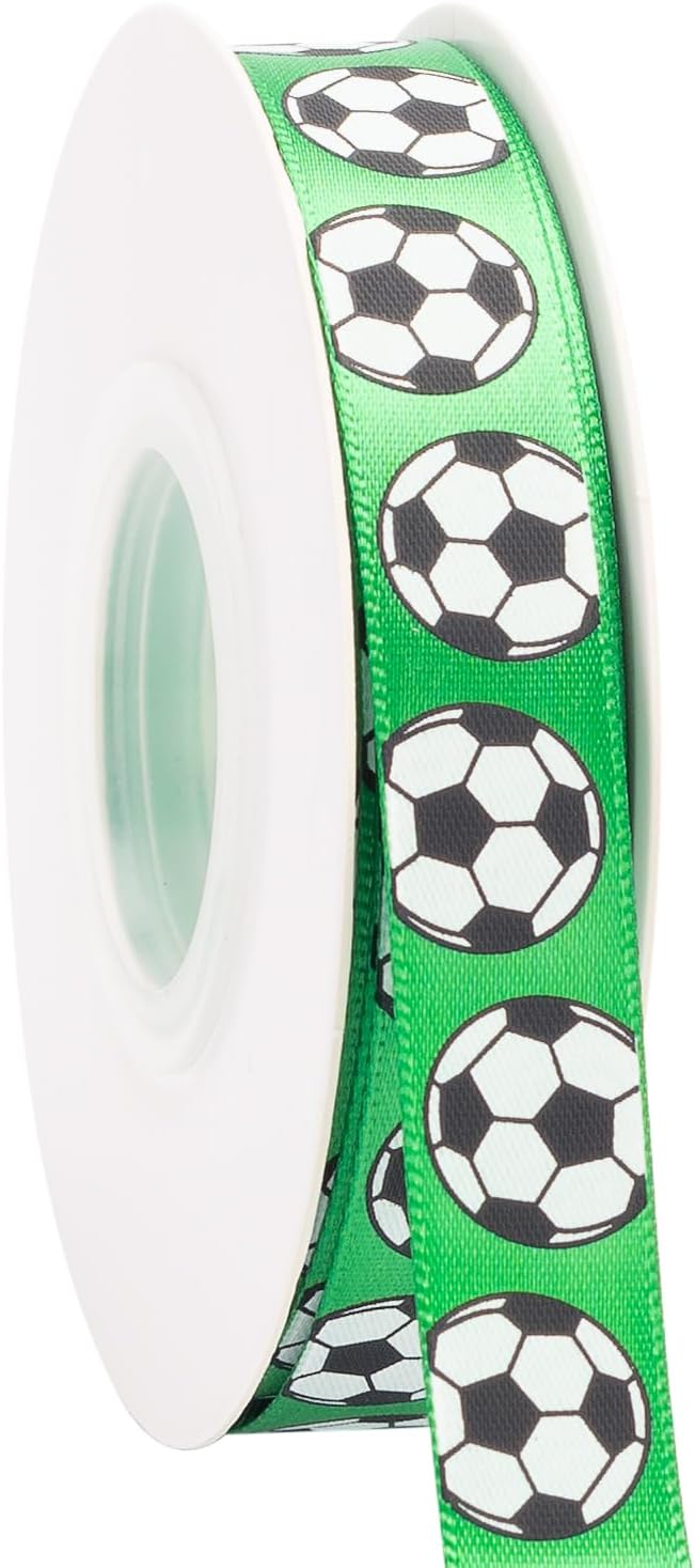 Soccer Ribbon,5/8-Inch x 25-Yard,White/Green,Use for Team Hair Bows,Wreath,Sport Lanyards,Gift Wrapping,Party Decoration,All Crafting and Sewing (Green, 25-Yard)