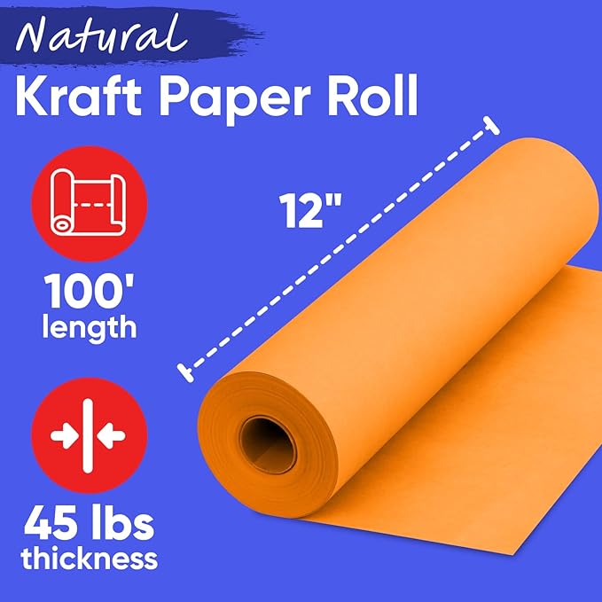 USA-Made 12" x 1200" Orange Kraft Paper Roll, 45 lbs Thickness, American Quality Colored Craft Paper for School, Bulletin Board for Kids - Odorless, Non-Toxic, Safe