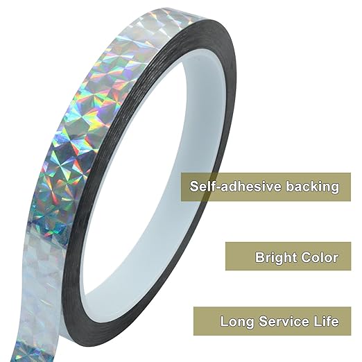 0.47 Inch Self-Adhesive Holographic Reflective Tape, Glitter Duct Tape Prism Tape for Keep Birds Away, DIY Art, Daily Use, Craft Project, Home Decoration, Holiday Packing(Silver,55Yard)