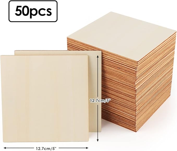 ilauke 5"x 5" Wooden Squares for Crafts, 50 Pcs Unfinished Wood Pieces Blank Balsa Wood Sheets for Crafts Wood Burning Painting Staining Wood Engraving