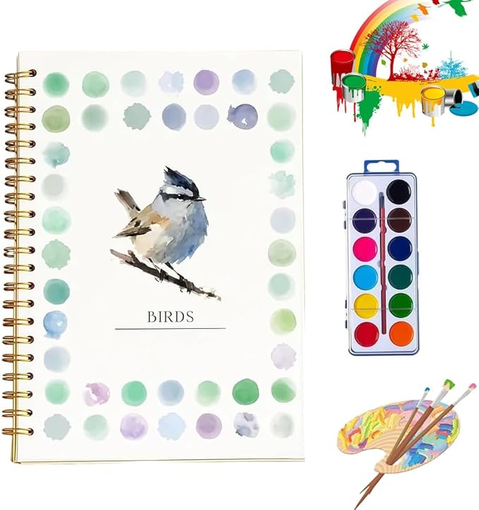 Clhjinruoliu Water Color Workbook,Animals Flowers Ocean Water Coloring Book, Nature Scenes Paint Set Art Crafts, Beginner-Friendly Watercolor Workbook, with 12 Colors Paints Set with Paint Brush,Birds