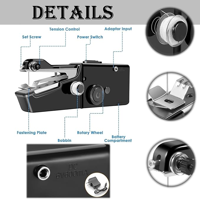 Handheld Sewing Machine, Portable & Cordless Mini Sewing Machine for Beginners - Electric Fast Stitching, DIY Fabric Clothes Repair Kit, Home Travel Mending Machine with Accessories (Black)