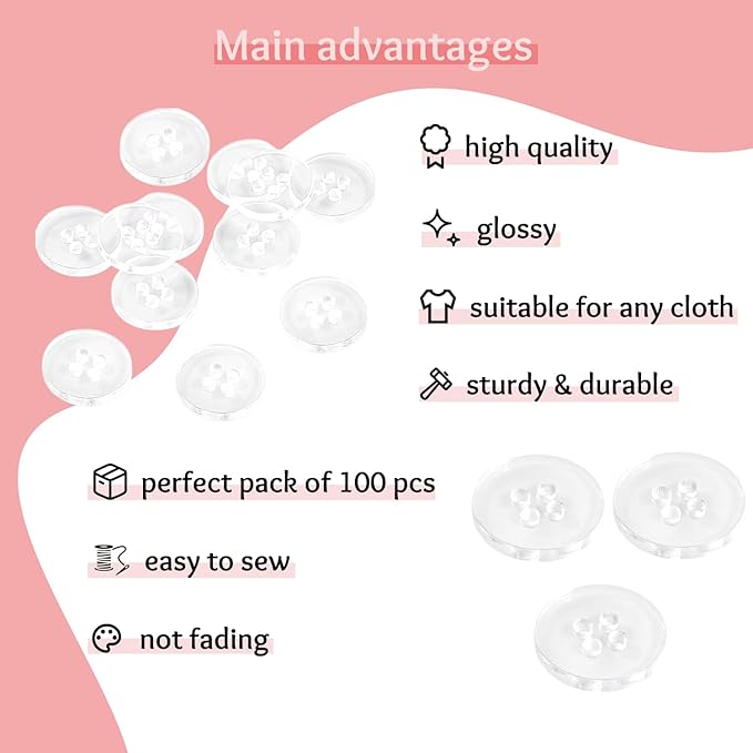 Clear Buttons Pack of 100 3/4" (19 mm) Transparent Sewing Buttons 0.75 inch 4 Hole 30L Round Bulk Crafts Replacement Large Plastic Button for Dress Pants Shirt Skirt Blouse Decorative Craft DIY