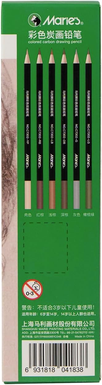 Marie's Colored Charcoal Pencils Set, 6 Colors 12 Pieces, Pastel Chalk Pencils for Drawing, Sketching, Coloring & Shading, Art Supplies for Adult Artists