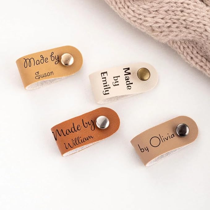 callie Personalized 10-100Pcs Leather Tags with Rivets - Custom Name & 22 Pattern, Made with Love Labels for Hats Beanies Scarves, Gifts for Knitting Sewing Crafting Lovers