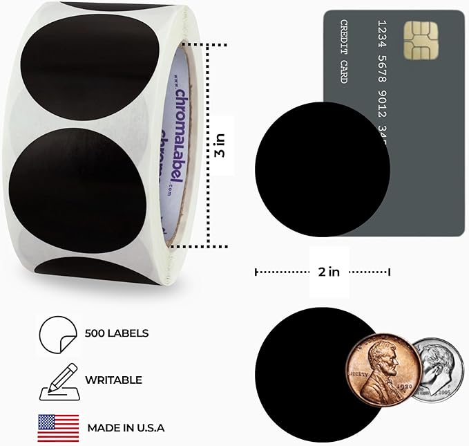 ChromaLabel 2 Inch Circle Sticker Labels, Easy to Write On Round Colored Stickers, Permanent Adhesive Labels - 500 Sticky Dots per Roll, Black Dot Stickers