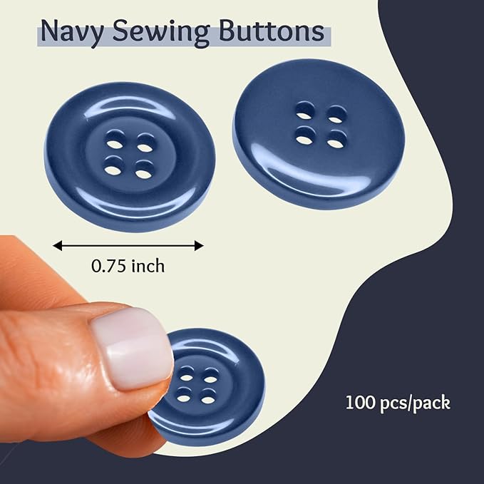 100 Pcs Navy Buttons for Sewing Round 0.75 inch Large 3/4" Dark Blue 4 Hole Plastic Round 30L Buttons Uniform Sewing Buttons Bulk for Jacket Uniforms Workwear School Chef Aprons Pants Bags Craft DIY