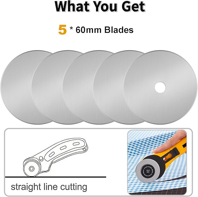 60mm Rotary Cutter Blades,5-Pack Replacement Blades Fits Fiskars,OLFA,Martelli,Dremel,Truecut,DAFA,Fabric Cutting Blades Refill for Quilting Scrapbooking Sewing Arts &Crafts, SKS-7