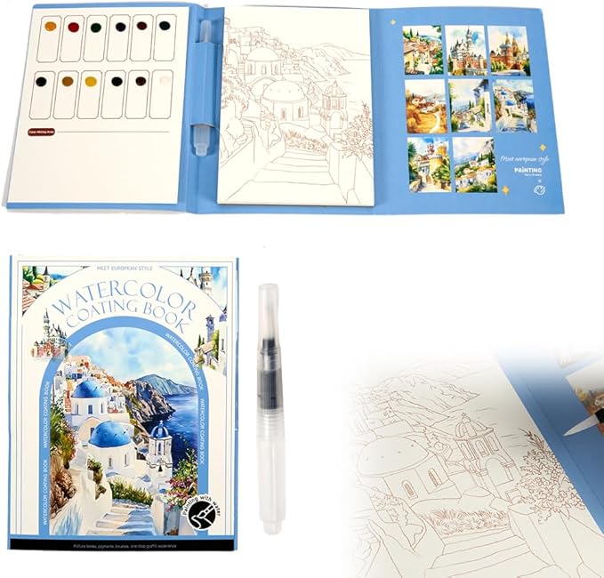 Creative Stress Relief Kit, 3-Fold Watercolor Painting Pad with Coloring Pages, Relaxation Art Set for Beginners and Hobby Artists, Portable Aquarelle Painting Book (F Set)