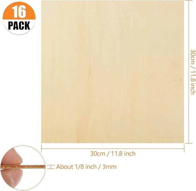 16PCS Basswood Sheets 1/8 x 12 x 12 Inch Plywood Board for Crafts, Unfinished Square Wooden Sheets Thin 3mm Basswood for Architectural Model Making Burning Painting Pyrography Drawing Laser Scroll