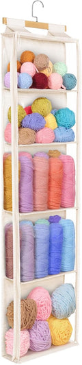 Hanging Yarn Storage with 5 Large Pockets, Clear Knitting Organizer Storage with Zippers for Crochet Lovers, Hanging Yarn Holder with Over-Door Hooks for Knitting Needles Crochet Hooks,Beige