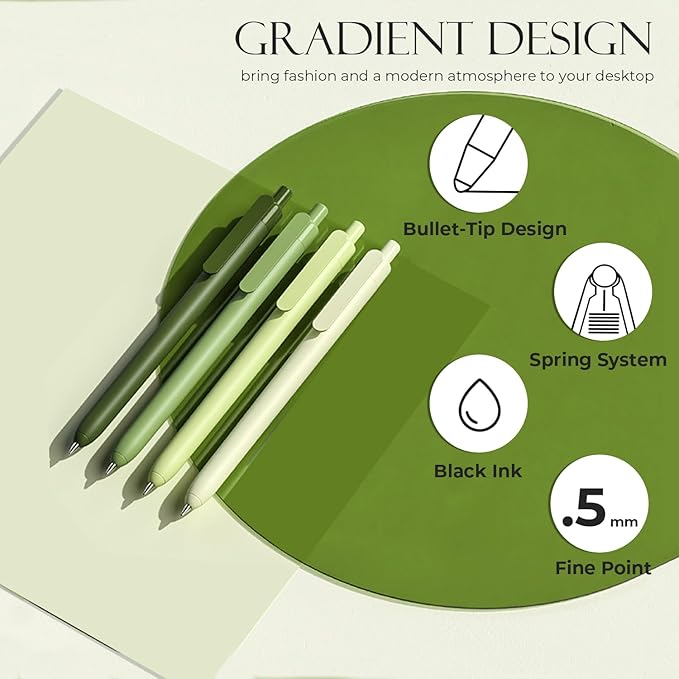 Y YOMA 4 Pcs Fine Point 0.5mm Gel Pen Black Ink Retractable Ballpoint Pen Smooth Writing Quick Dry Gel Pens Cute Aesthetic Pen Pastel Refillable Pen for School Home Office Supplies, Leaf Green