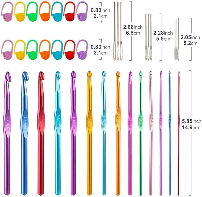 Vodiye 14 Sizes Crochet Hooks Set 2.0–10.0mm, Colorful Metal Crochet Needles, Ergonomic for Comfortable Crocheting