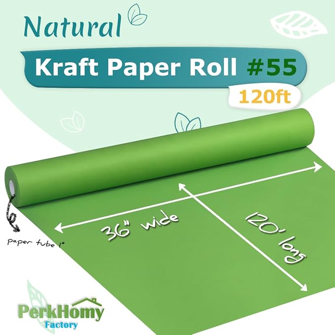 PerkHomy 36" x 1,440" (120') Medium Green Kraft Paper Roll for Craft Bulletin Board Paper Art Table Covering Crafting Gift Wrapping Bouquet Packing Parcel 80GSM 55LB (Medium Green, 36" x 120')