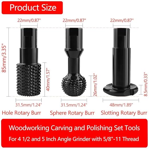 3pcs DIY Wood Carving and Deburring Tools Sphere Rotary Burrs with 5/8"-11 Thread for 4 1/2 and 5" Angle Grinder, Safe Carbon Steel Electric Grinder Bits Accessories for Wood Grinding Reaming Grooving