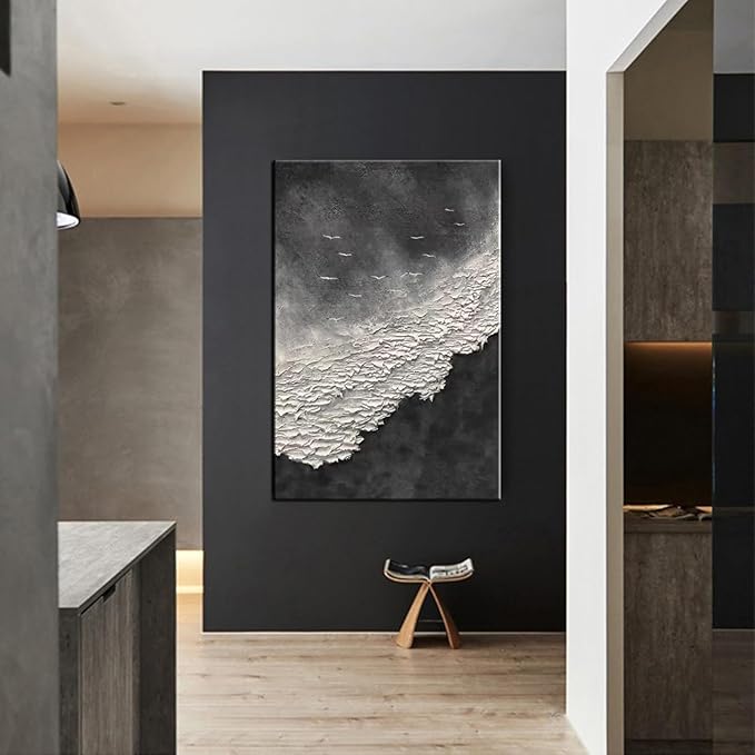 YaSheng Art - Thick Texture Abstract Oil Painting Hand-Painted sea wave Black and White Wall Art Minimalist modern Art Paintings Home Living room Room Dining Room Bedroom Wall Decorative Art Oil Painting 24x36inch