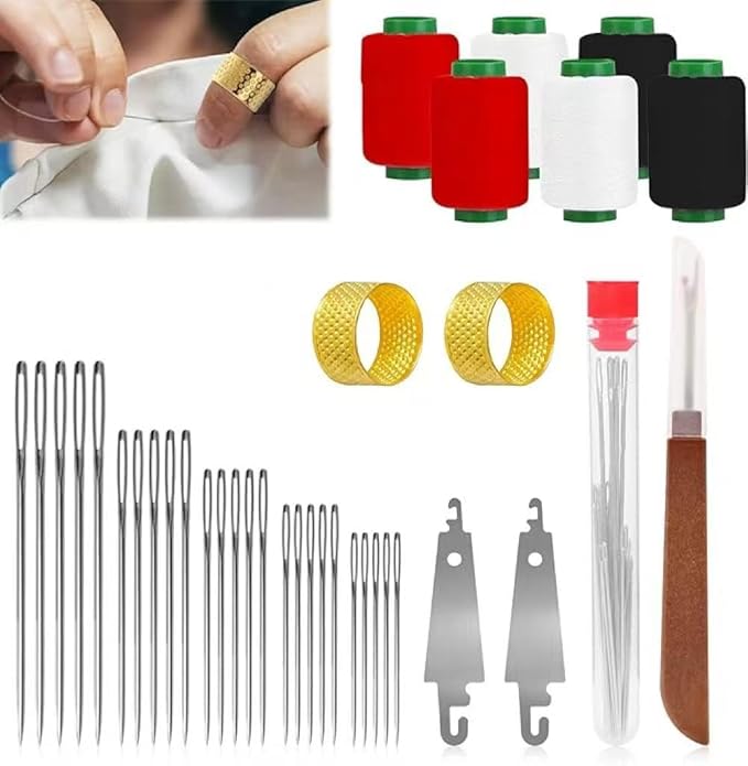 37PCS Hand Sewing Kit with Needle Threader & Thimble, Stainless Steel Big Eye Needles Set for DIY Crafts & Repairs, Portable Embroidery Sewing Tools with Threads & Seam Ripper