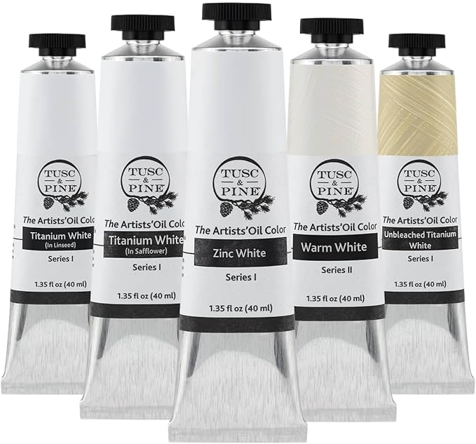 Tusc & Pine Artist Oil Paint - 40 ml Set of 5 - Modern White - Non-Yellowing, Rich & Creamy Consistency, Maximum Pigment Load, Small Batch Milled Oil Paints Developed for Professional Artists