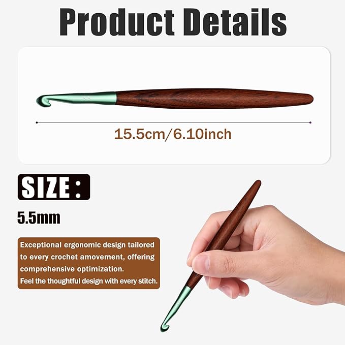 Giwrmu Crochet Hooks, 5.5mm Ergonomic Crochet Hook, Available in 3mm-7mm, Colored Aluminum Crochet Hook with Wooden Handle Crochet Needle for Crocheting Yarn