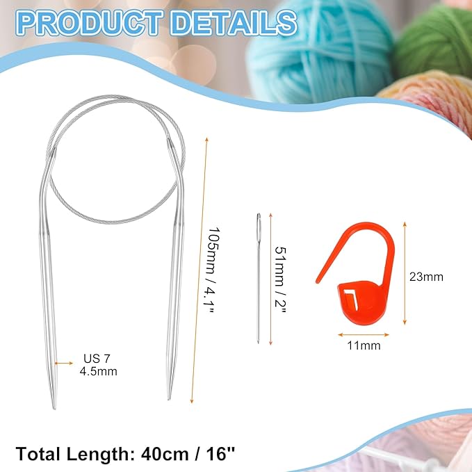 HARFINGTON Knitting Needles Size US 7(4.5mm) Circular Needle 16 Inch(40cm) Round Metal Stainless Steel for Handmade Projects DIY Knitting