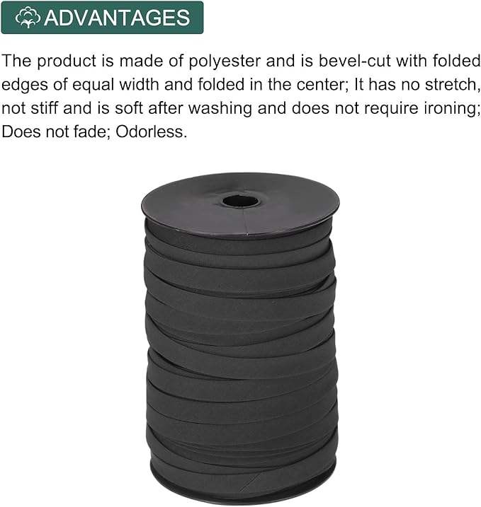 MECCANIXITY 1/2 Inch Double Fold Bias Tape Polyester Continuous Bulk Bias Tape for Sewing, Seaming Quilting Hemming Binding Crafts (Black 100 Yards)