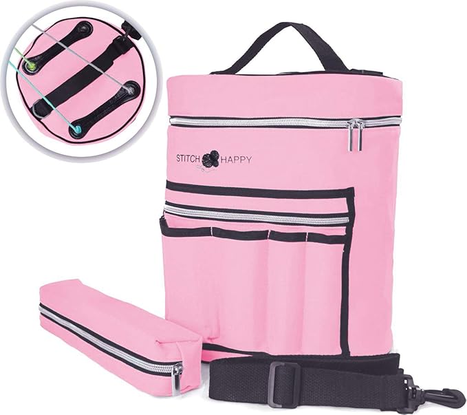 Designer Stitch Happy Knitting Starter Kit: 20 Piece Knitting Kit for Beginners & 7 Pocket Yarn Bag, Signature Yarn Storage - Pink