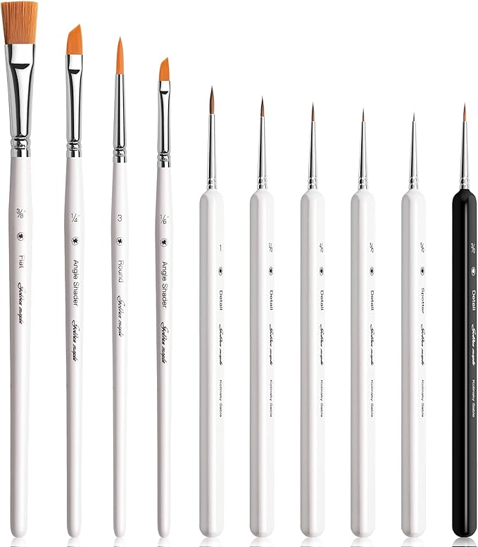 Golden Maple Model Brush Set, 4 Large Dry Brushes 6 Masterclass Kolinsky Sable Miniature Paint Brushes, Fine Detail Paint Brush Set - for Miniature Painting, Drybrushing, Layering & Insane Detail