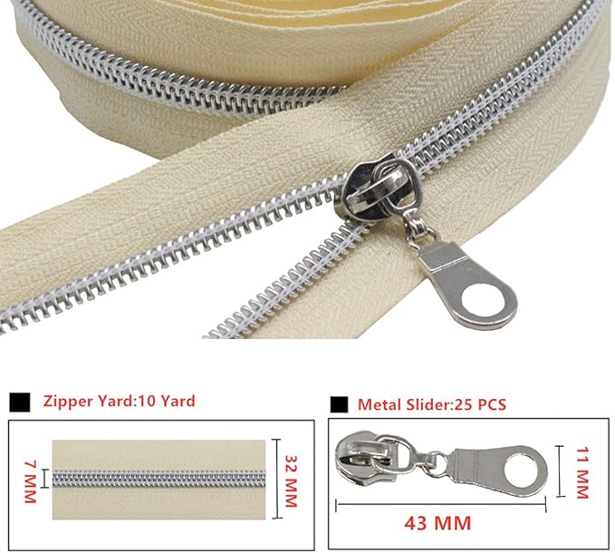 MebuZip #5 Silver Metallic Nylon Coil Zippers by The Yard Bulk Coil Zipper Roll 10 Yards with 25pcs Pulls for DIY Sewing Craft Bags (Beige)
